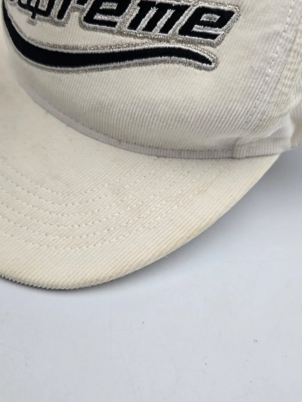 Supreme Cursive Logo White 5 Panel Corduroy Adjustable Snapback Hat